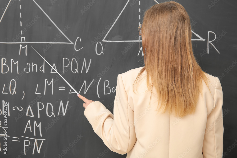 Young teacher with pointer near blackboard in classroom, back view