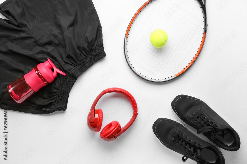 Composition with sports equipment, clothes and headphones on white background