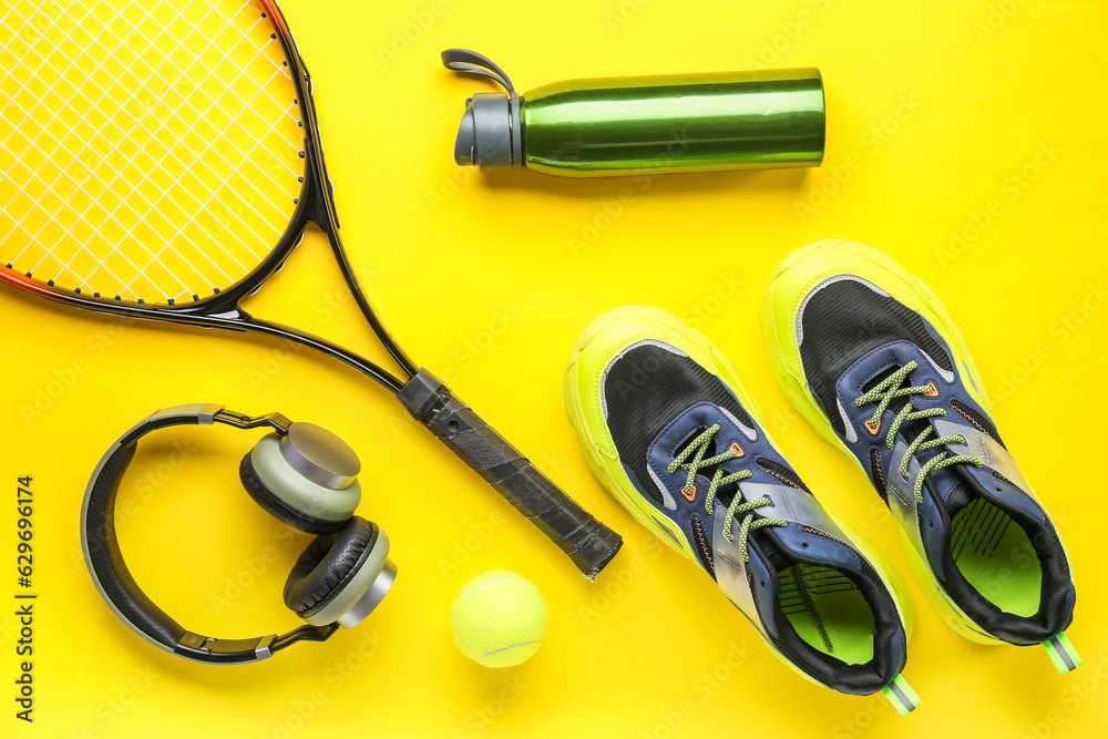 Composition with sports equipment, shoes and headphones on yellow background