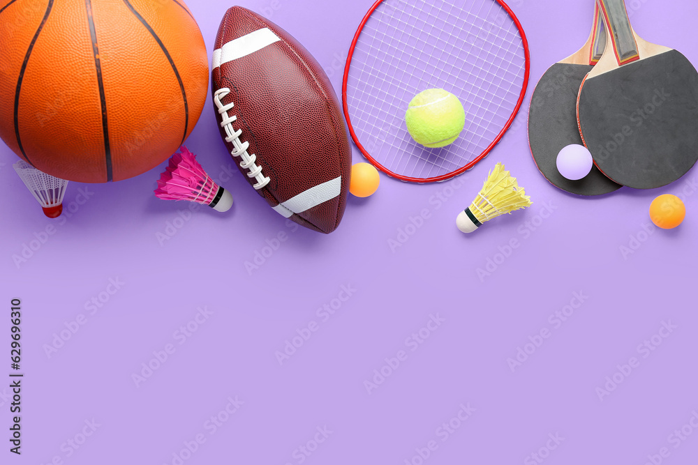 Ping pong rackets and balls on color background