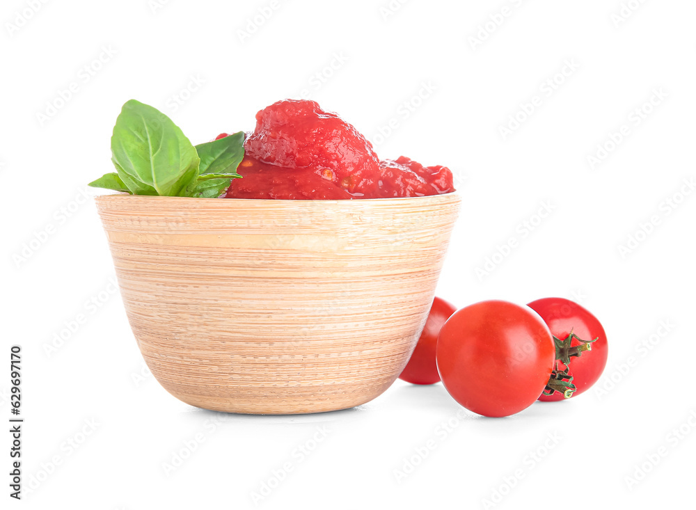 Bowl of canned tomatoes isolated on white background