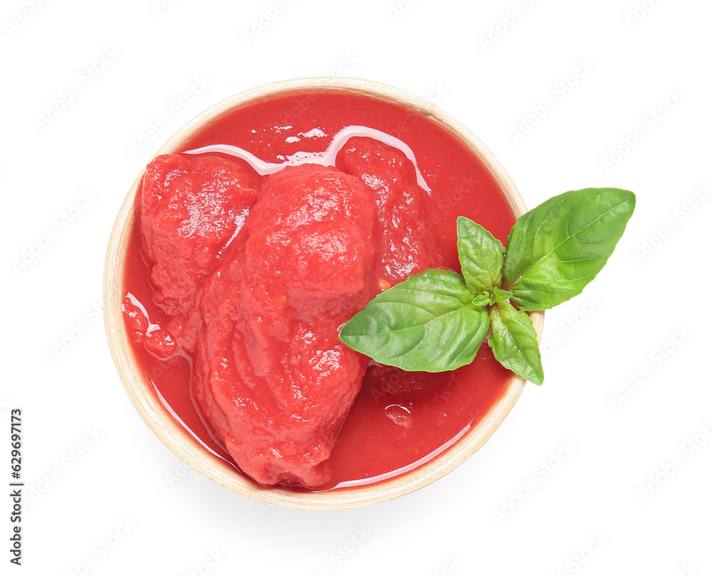 Bowl of canned tomatoes isolated on white background