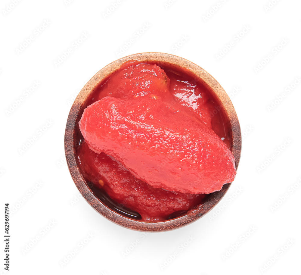 Bowl of canned tomatoes isolated on white background