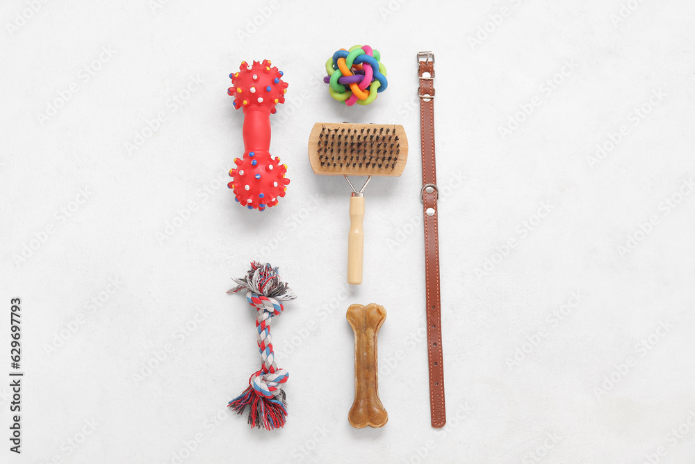 Set of pet care accessories with chew bone on light background