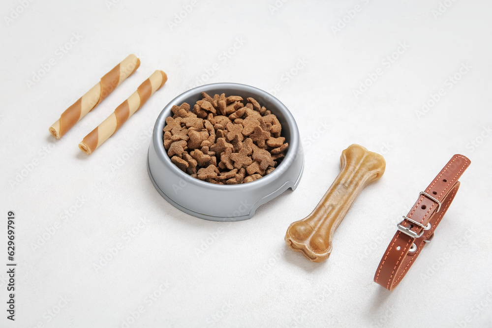 Different pet food and collar on light background