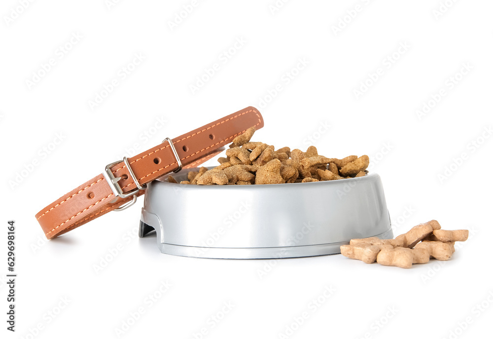 Bowl of dry pet food and leather collar on white background