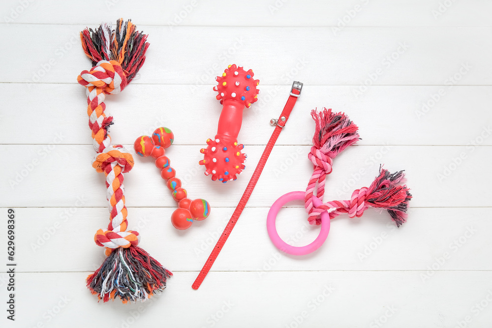 Set of pet toys and collar on light wooden background