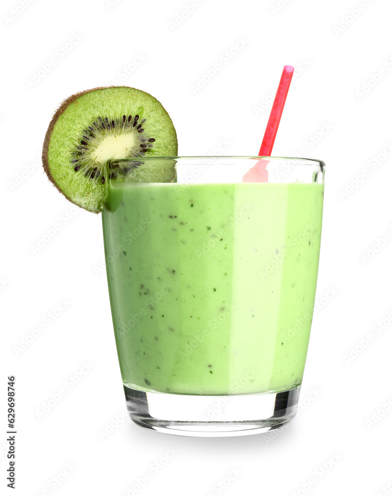 Glass of fresh kiwi smoothie on white background