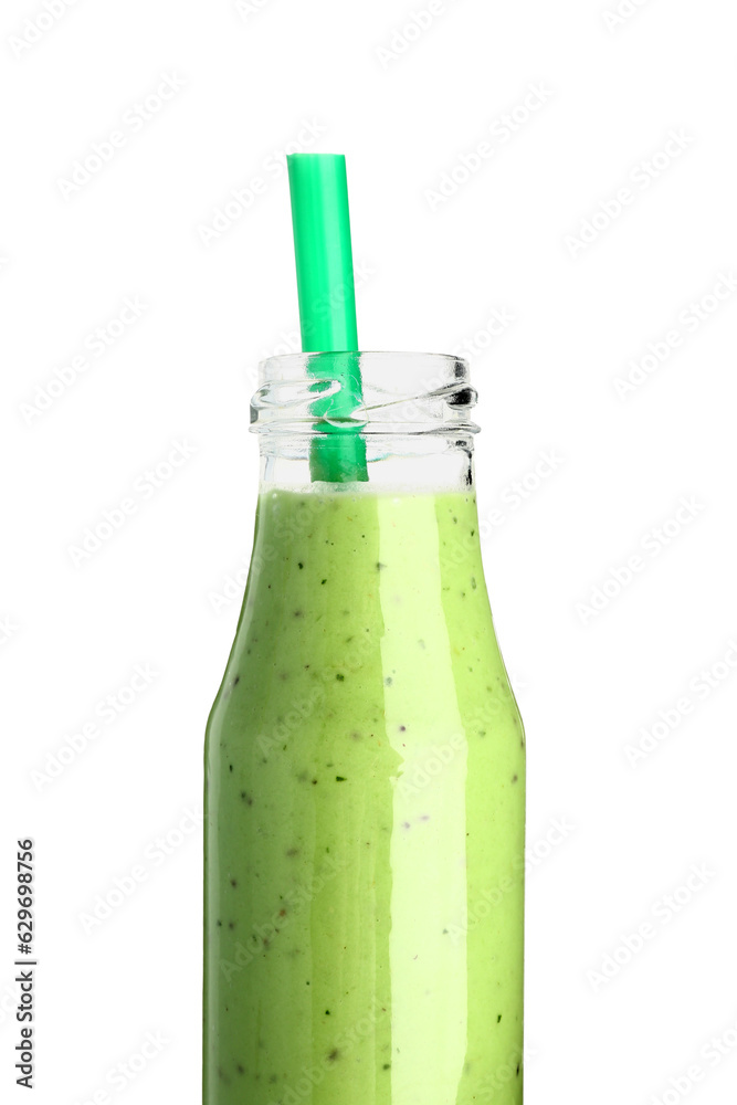 Bottle of fresh kiwi smoothie on white background