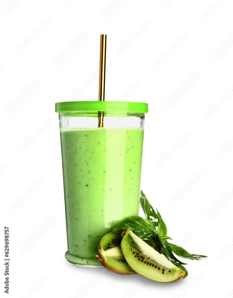 Glass of fresh kiwi smoothie with mint on white background