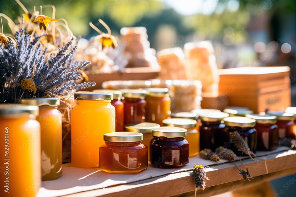 Honey in glass jars on the counter display. Selling delicious and healthy products