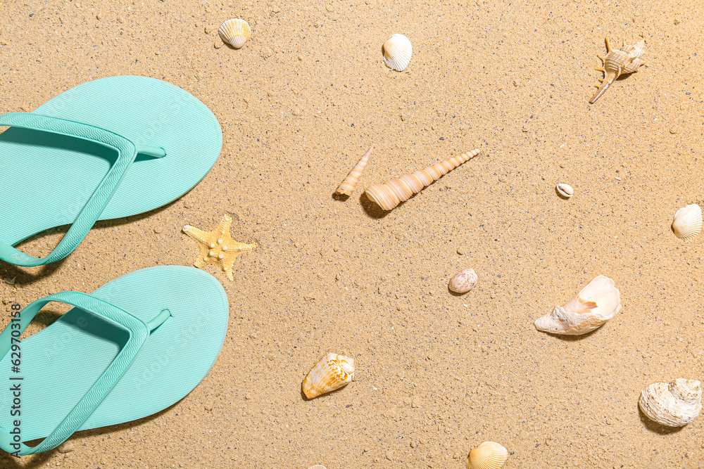 Stylish flip-flops and different seashells on beach sand