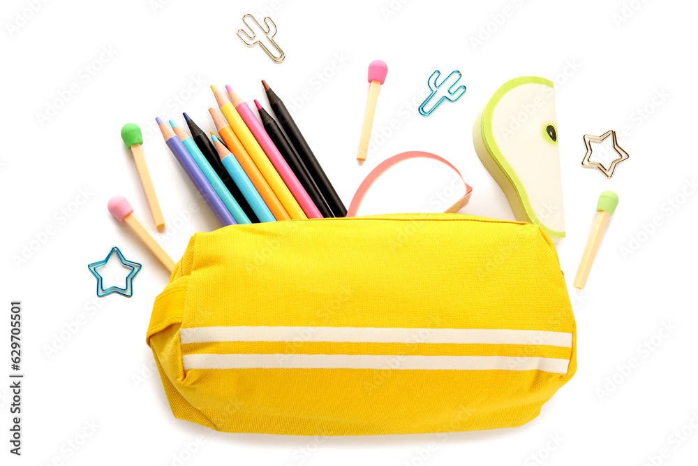 Pencil case and school stationery on white background