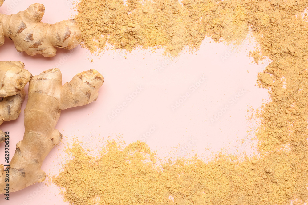 Frame made of fresh ginger root and dried powder on pink background