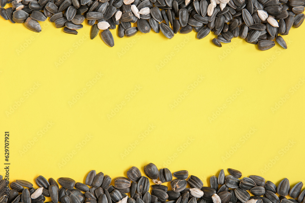 Sunflower seeds on yellow background