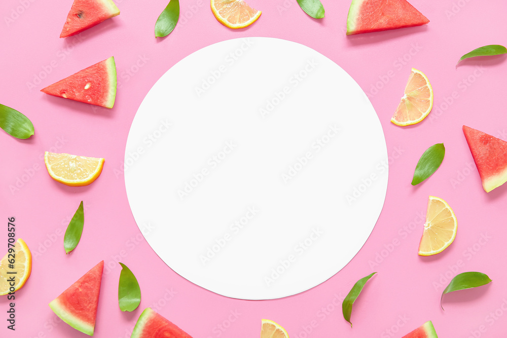 Blank card and pieces of fresh watermelon with lemon on pink background