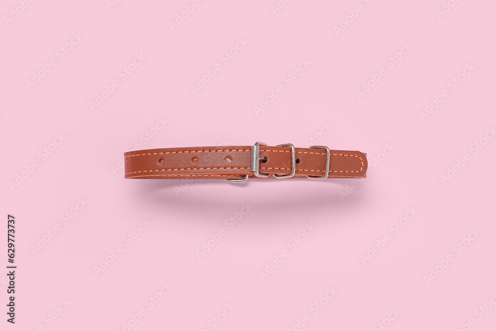 Leather pet collar on pink background