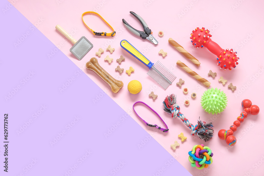 Composition with different pet care accessories and food on color background