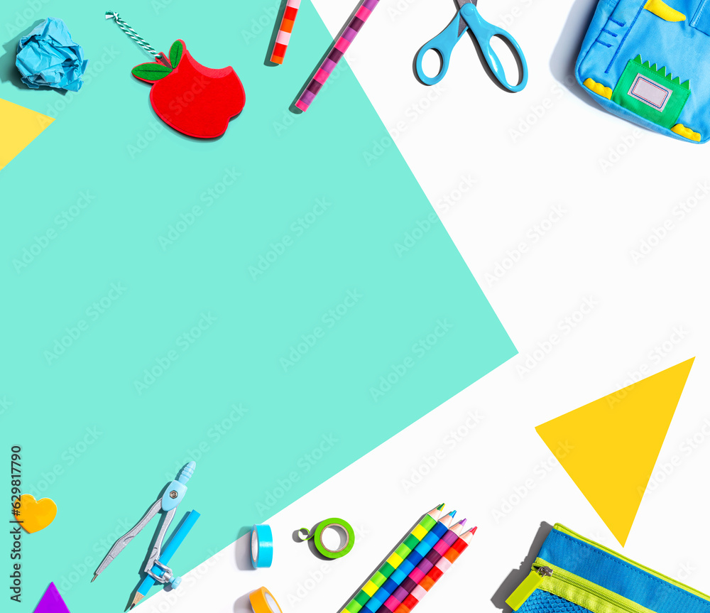 Collection of school supplies overhead view - flat lay