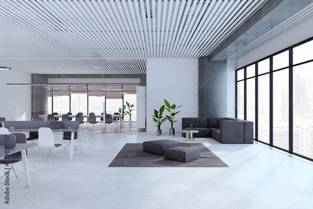 Modern open space designer office interior with furniture, panoramic windows with city view, concret