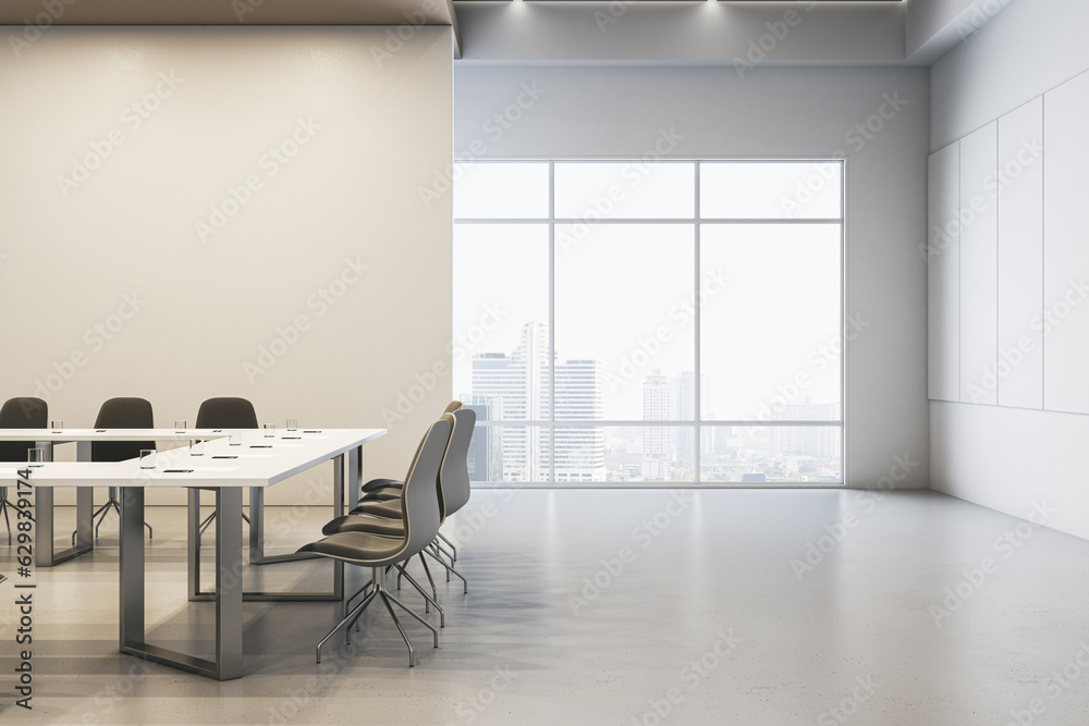 Clean concrete meeting room interior with empty mock up place on wall, furniture and window with cit