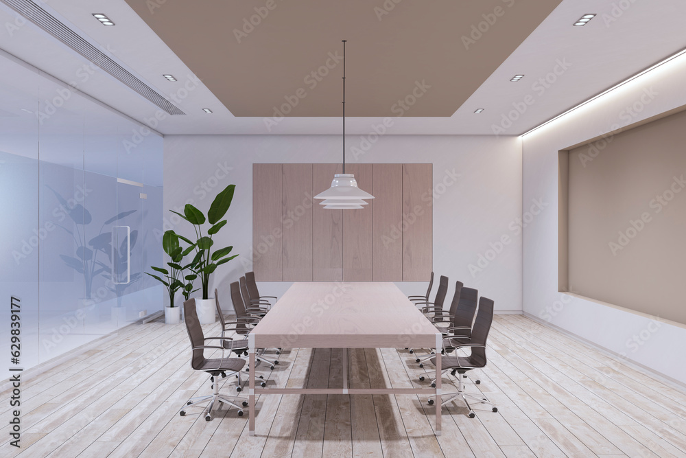 Side view of modern empty boardroom interior with office desk and chairs, matte glass wall and woode