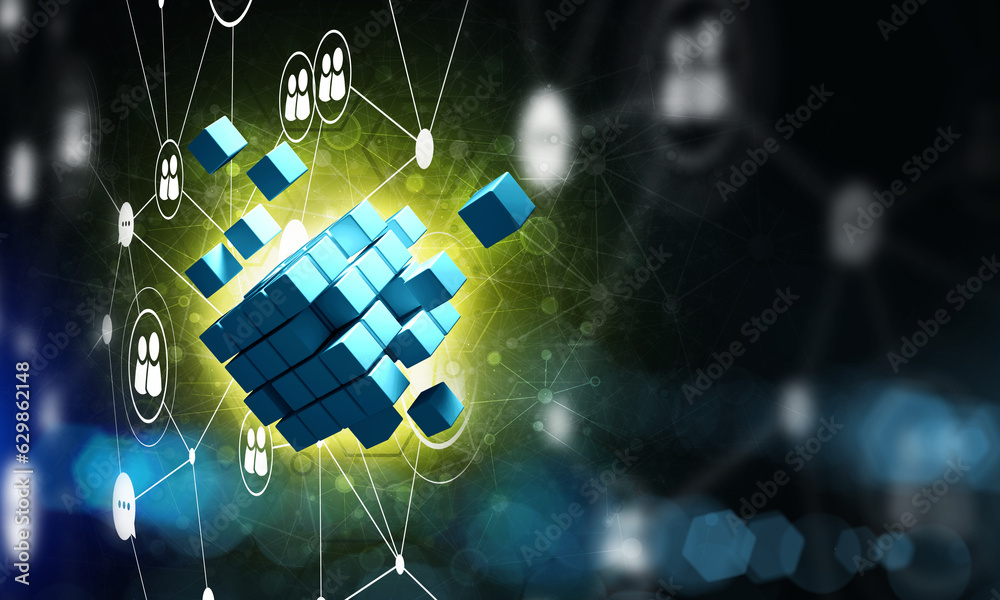 Concept of Internet and networking with digital cube figure on dark background