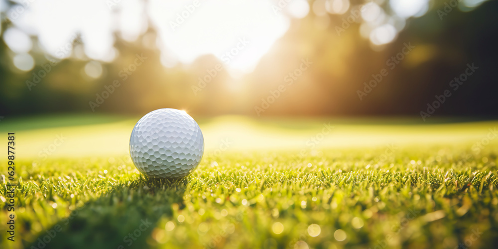 Close-up of golf ball on green grass of golf course, sunny day, blurred backdrop. Generative AI