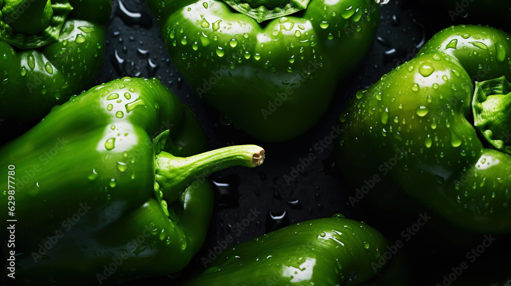 Fresh green bell peppers with water drops background. Vegetables backdrop. Generative AI