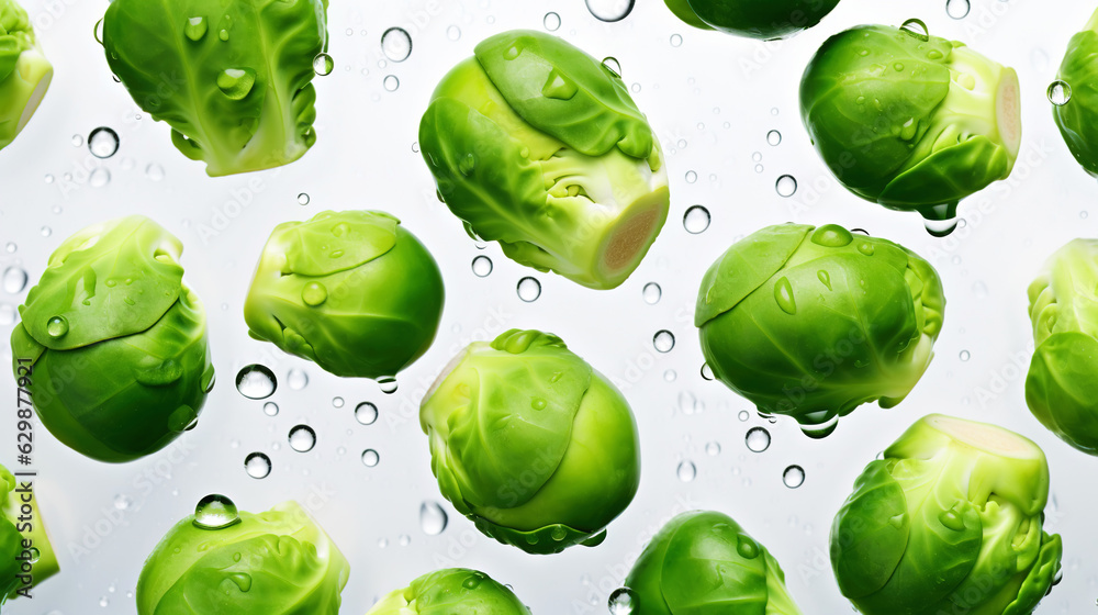 Fresh green brussels sprouts with water drops background. Vegetables backdrop. Generative AI