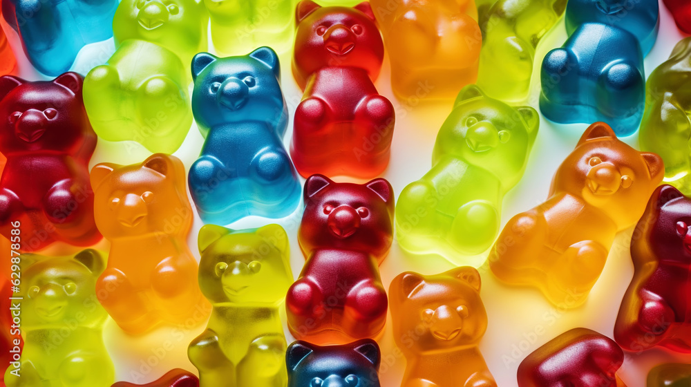 Gummy Jelly Bears Candies background. Sweet tasty backdrop. Generative AI