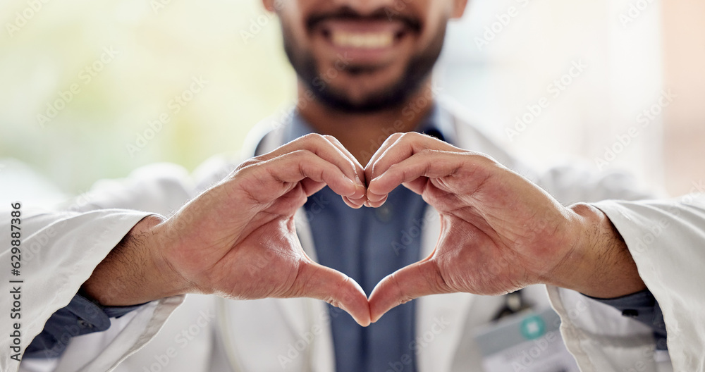 Medical, wellness and doctor heart hands for love, support and healthcare in a hospital or clinic by