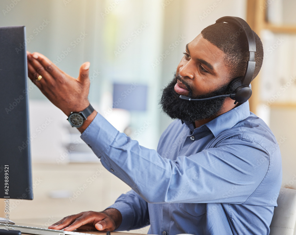 Call center, customer support and frustrated black man on computer for network error, mistake and pr