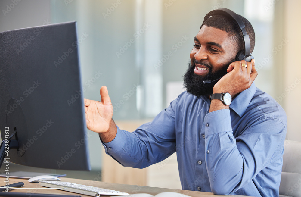 Call center, computer and happy man, consultant or agent speaking, advice and customer services or b