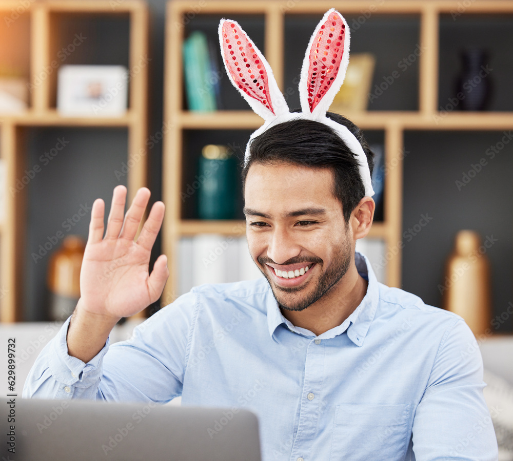 Business man, bunny ears and laptop with video call, wave and smile for contact, networking and fest