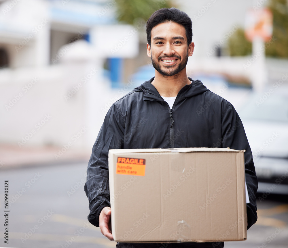 Delivery man, box and courier service for distribution, logistics and retail supply chain in outdoor