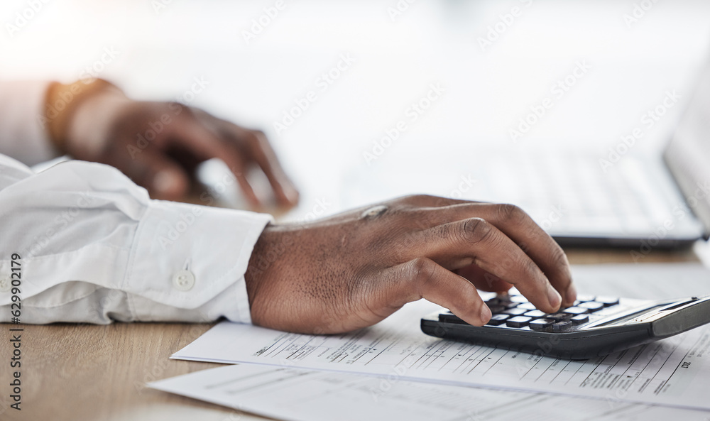 Business person, hands and calculator, documents and laptop for financial planning, taxes management