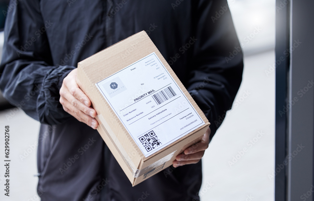 Box, hands and courier at entrance for a delivery, ecommerce work or cargo shipping. Closeup, logist