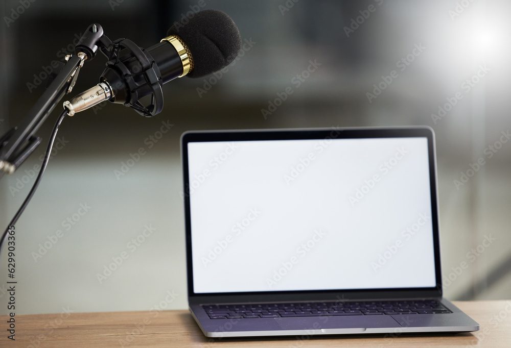 Microphone, laptop mockup and screen with audio, radio or podcast equipment with technology and show