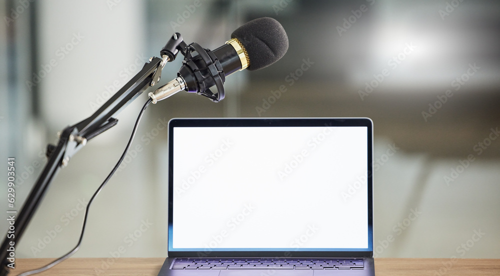 Laptop screen, mockup and mic for radio or podcast with audio equipment, technology and marketing fo