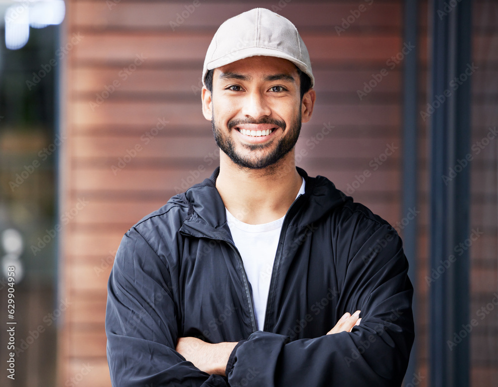 Arms crossed, portrait and asian man courier outdoor for delivery and service with a smile. Face, pr