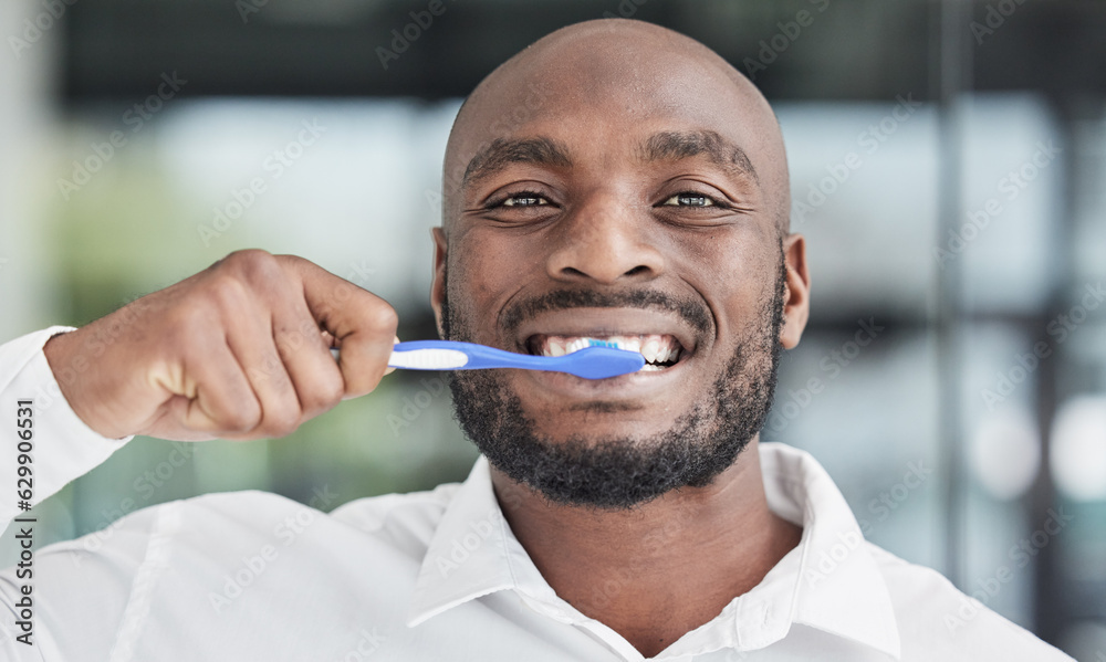 Black man, portrait and brushing teeth with toothbrush, dental and health, hygiene and grooming. Afr