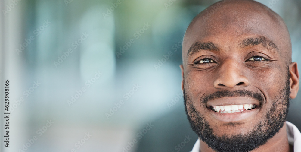 Mockup, space and smile of black man administrator happy for startup company success in an office. W