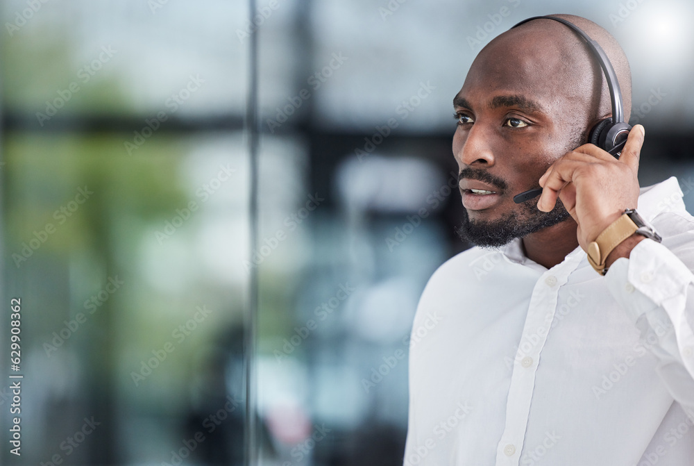 Black man, call center and thinking of solution for customer service, advisory help and FAQ question