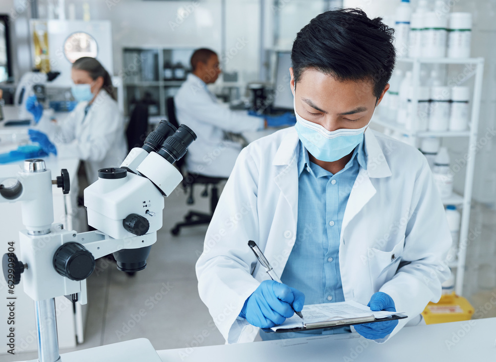 Laboratory, man and scientist writing clipboard information, healthcare research or medicine develop