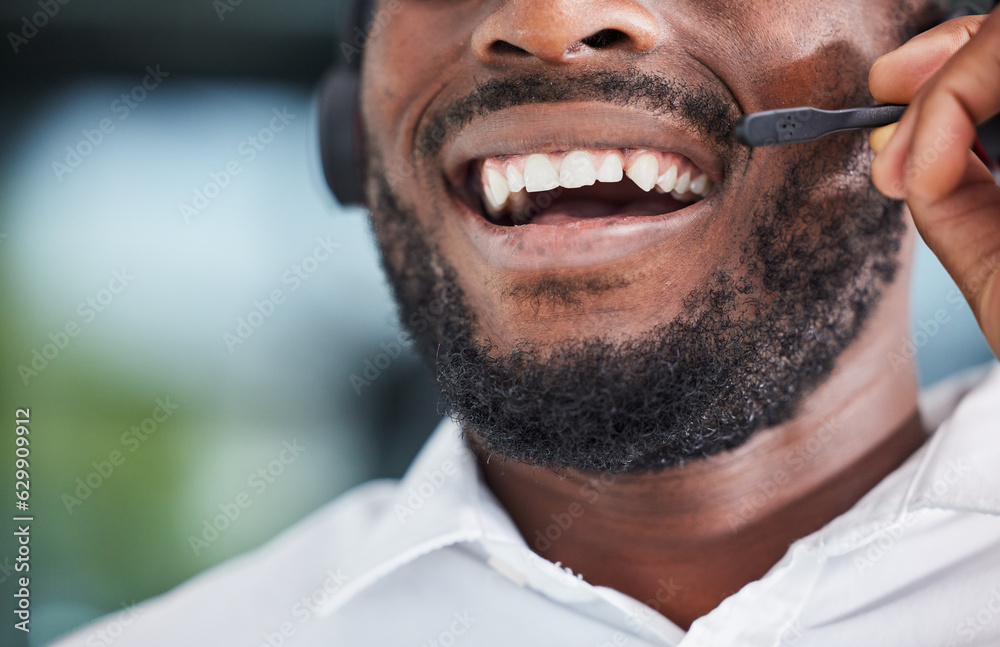 Mouth, man and smile for communication in call center, customer service and advisory contact for CRM