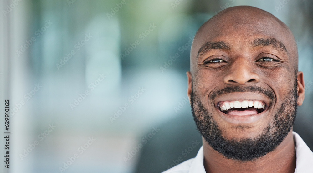 Mockup, space and happy black man administrator with a smile for startup company success in an offic