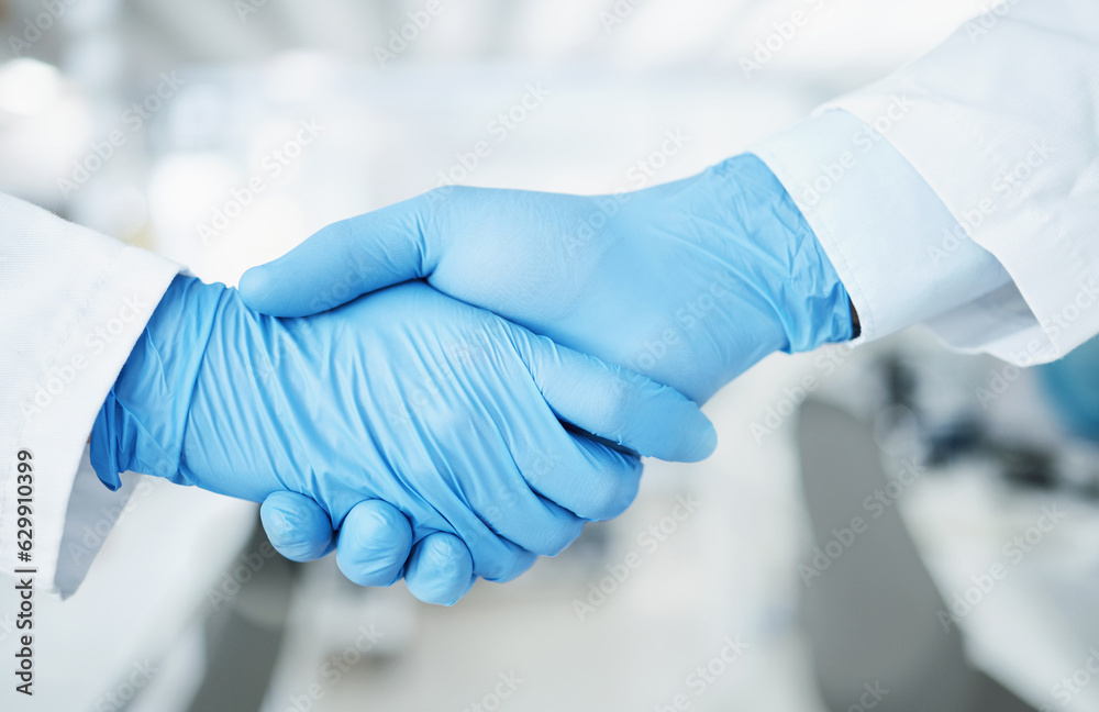 Team handshake, gloves and lab scientist partnership, agreement or collaboration on medical healthca