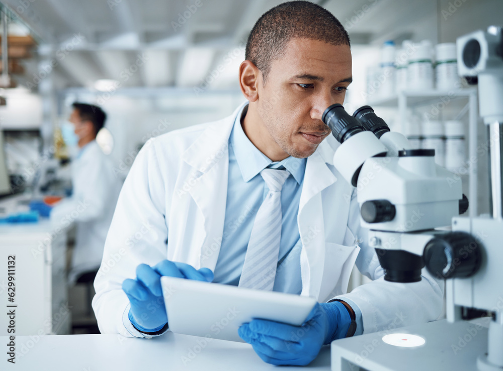 Microscope analysis, man and laboratory scientist working on healthcare research, pharma project or 