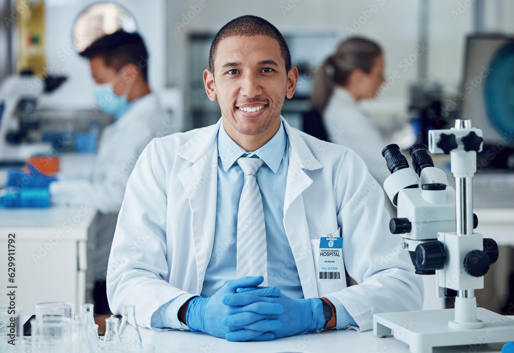 Science portrait, happy man and laboratory scientist working on healthcare research, medical develop